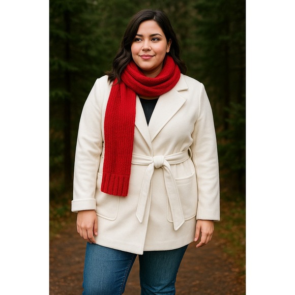 LOFT PLUS Peacoat Women's Wool Blend Boucle V-Neck Front Tie Slit Ivory SZ 16 - Picture 1 of 15